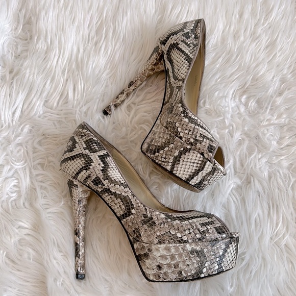 Brian Atwood Snakeskin Peep Toe Platform Pumps - Picture 2 of 9